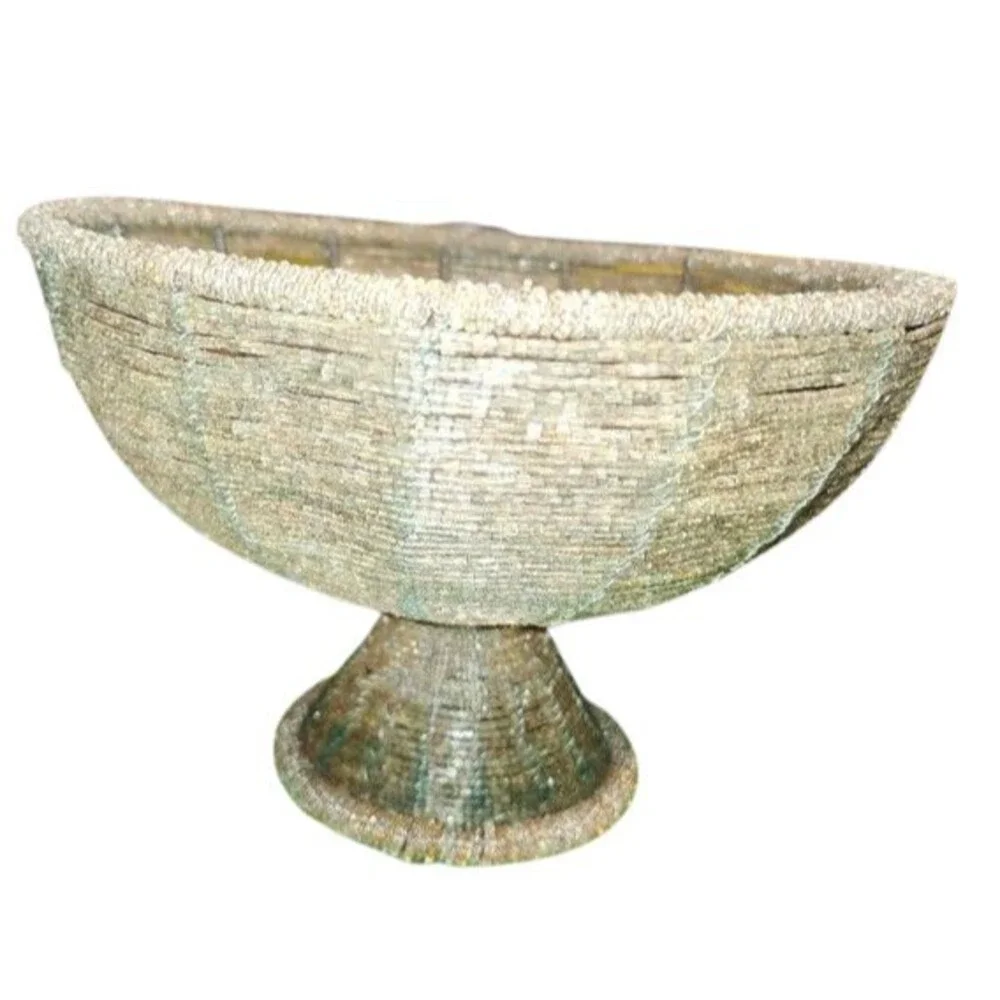 BC Decorative Amber/Silver Seed Bead Pedestal Wire Basket Bowl 7